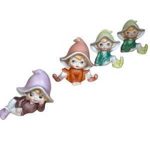 Homco Ceramic Elf Figurines Set of 4 Whimsical Pixie Gnomes Fairy Taiwan #5213